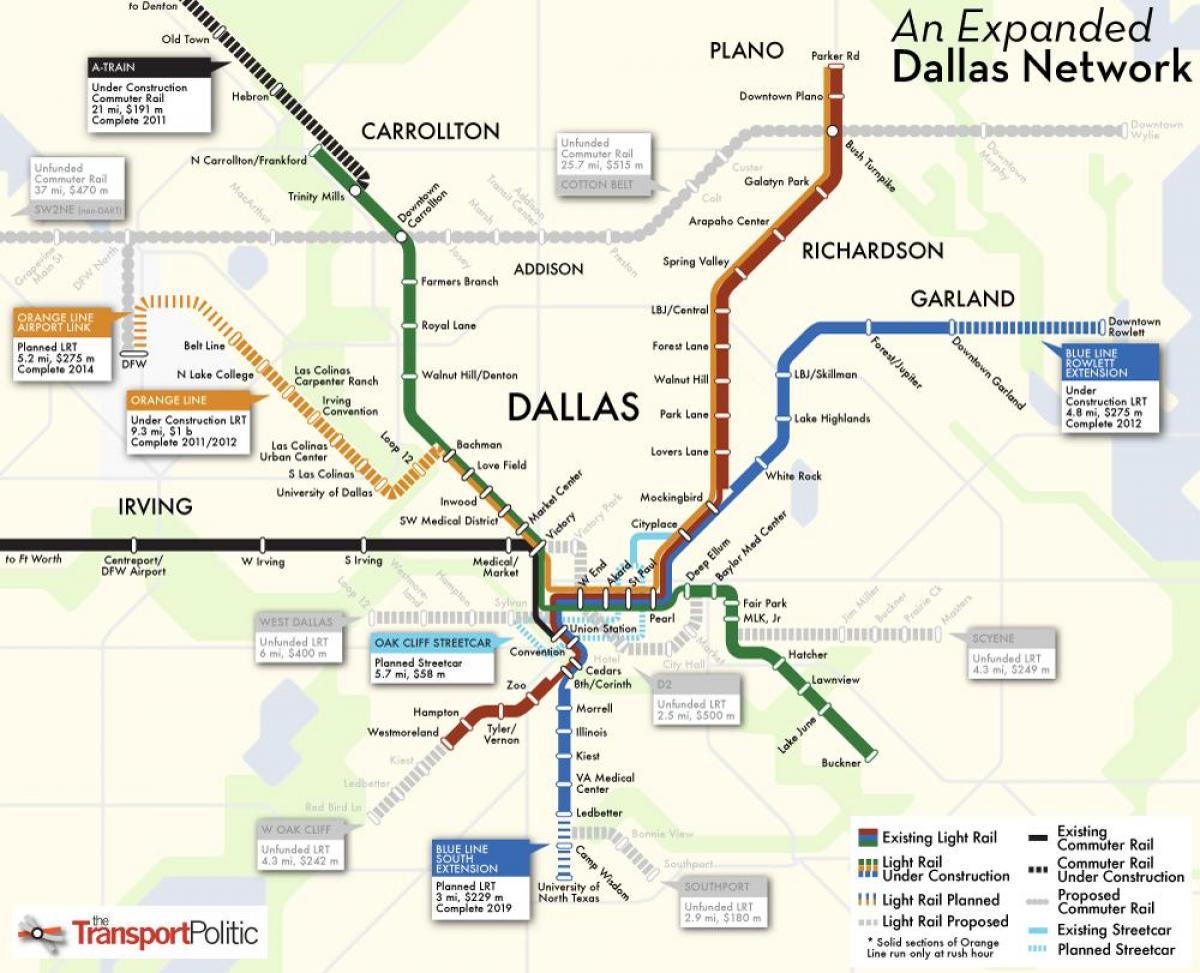 Dallas železniční systém mapě