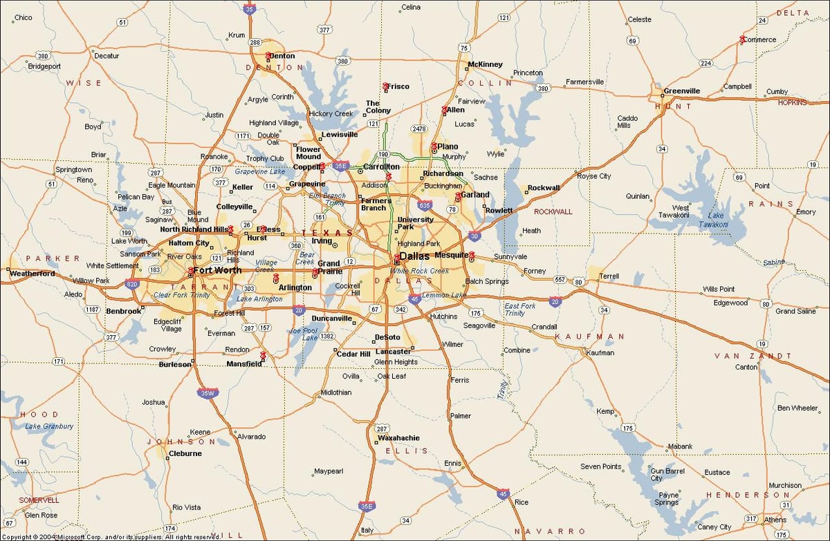 Dallas Fort Worth metroplex mapě